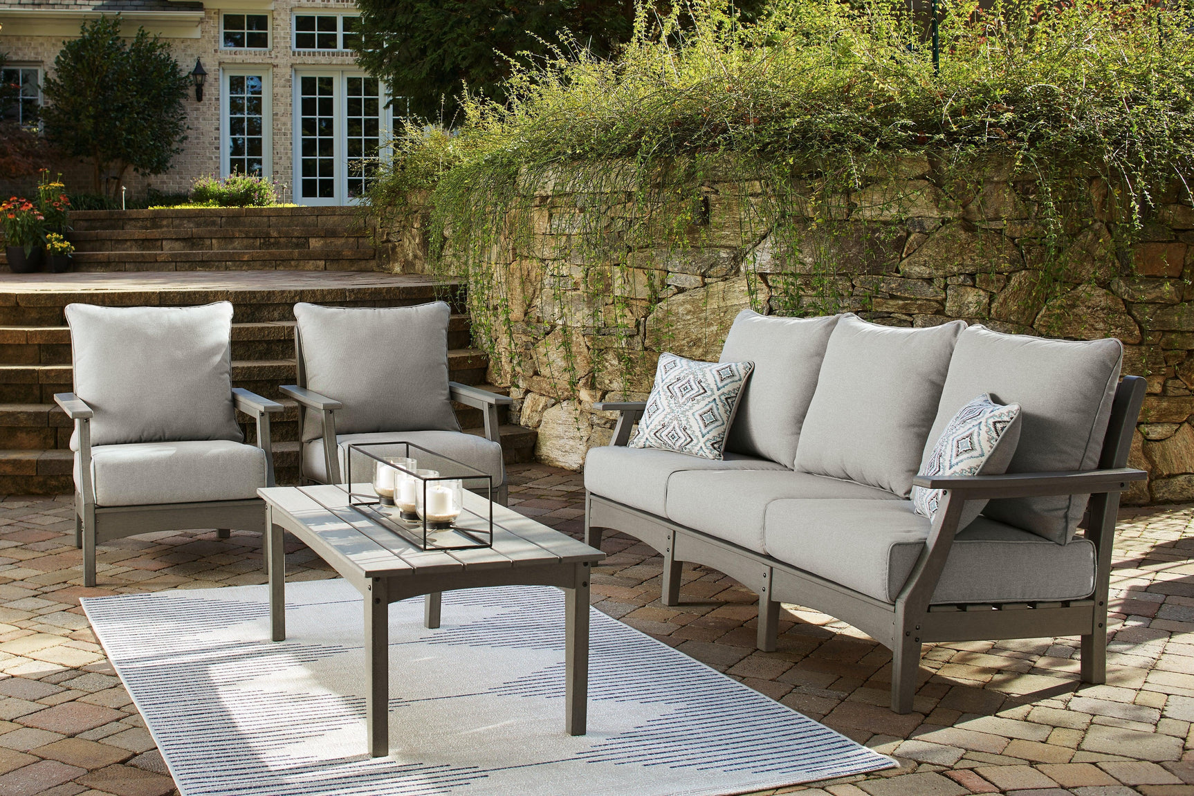 Visola Gray Outdoor Sofa And 2 Chairs With Coffee Table - Ella Furniture
