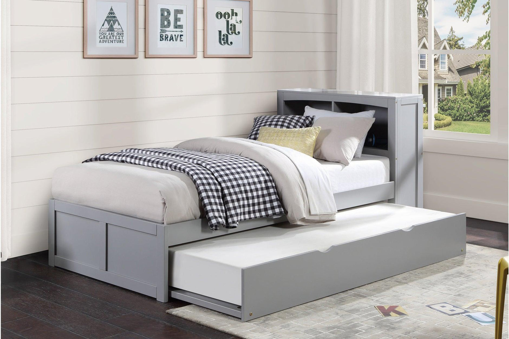 Orion Gray Modern Transitional Wood Engineered Wood Youth Twin Bed And Twin Corner Bookcase Bed - Ella Furniture