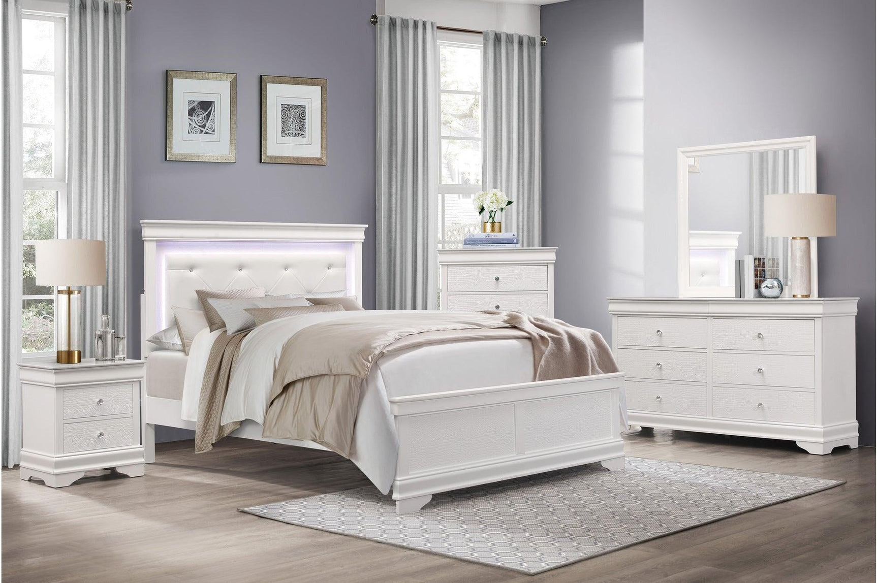 Lana White Modern Contemporary Solid Wood Faux Leather Upholstered Tufted LED Panel Bedroom Set - Ella Furniture