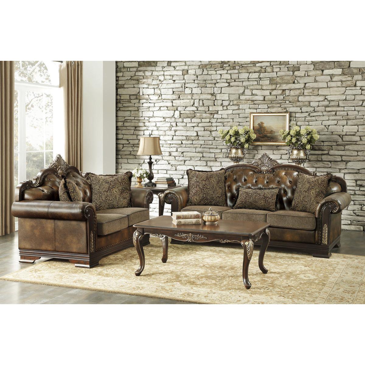 Croydon Brown Solid Wood, Plywood Faux Leather And Chenille Fabric Upholstered Tufted Love Seat - Ella Furniture
