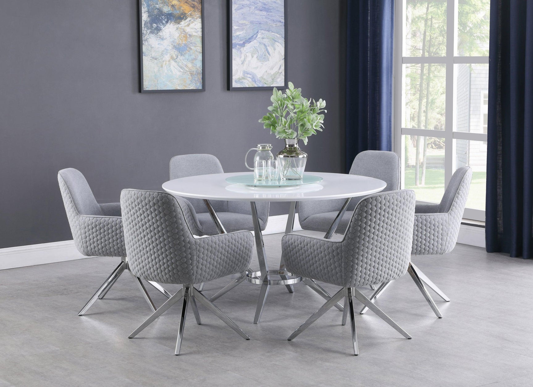 Abby Lazy Susan White And Chrome Circular Dining Room Set - Ella Furniture