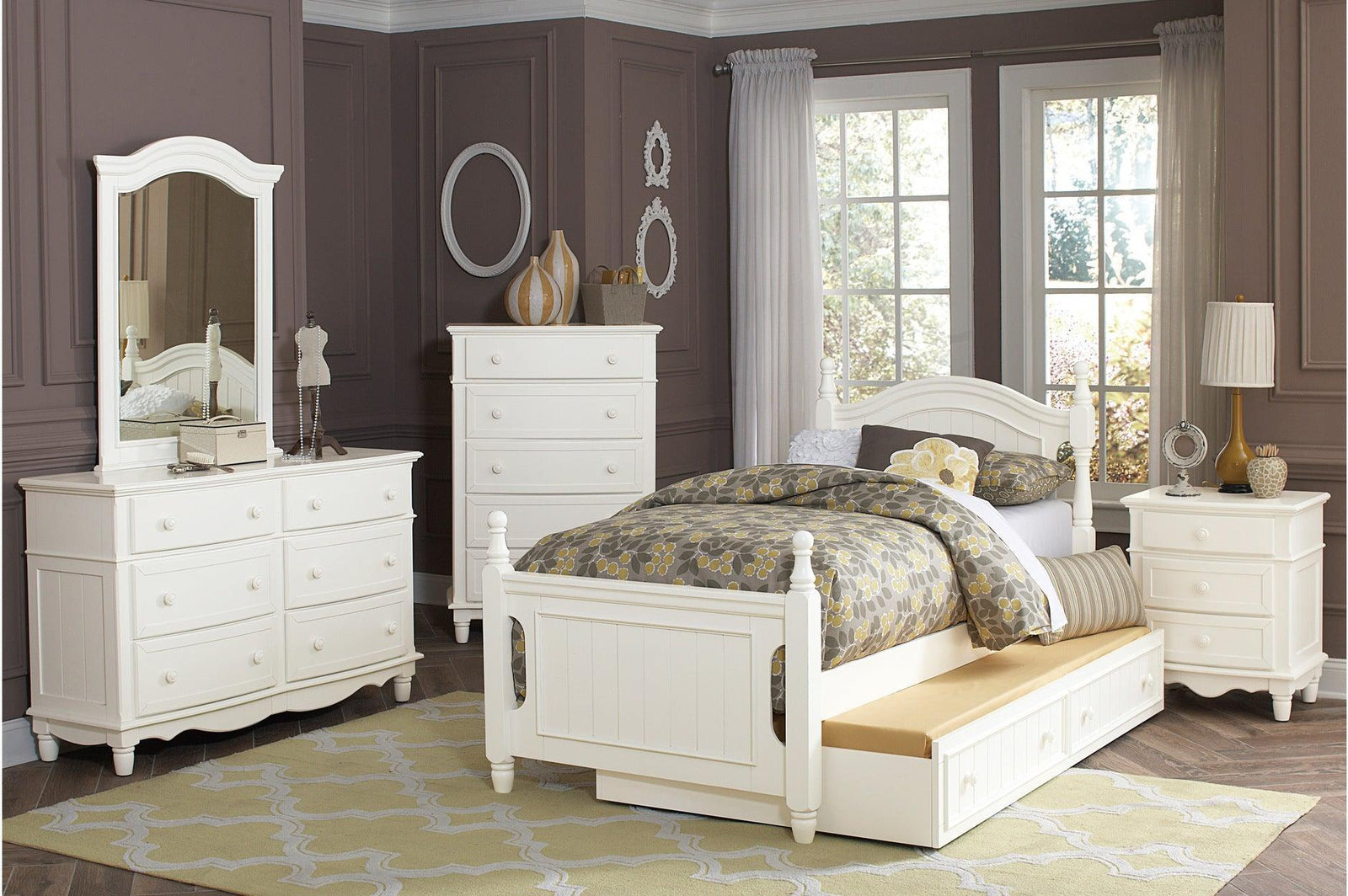 Clementine White Contemporary Traditional Solid Wood Trundle Storage Youth Platform Bedroom Set - Ella Furniture