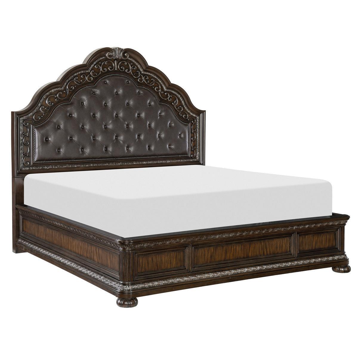 Beddington Dark Brown Primavera Veneer With Ash Burl Faux Leather Upholstered Tufted King Bed - Ella Furniture