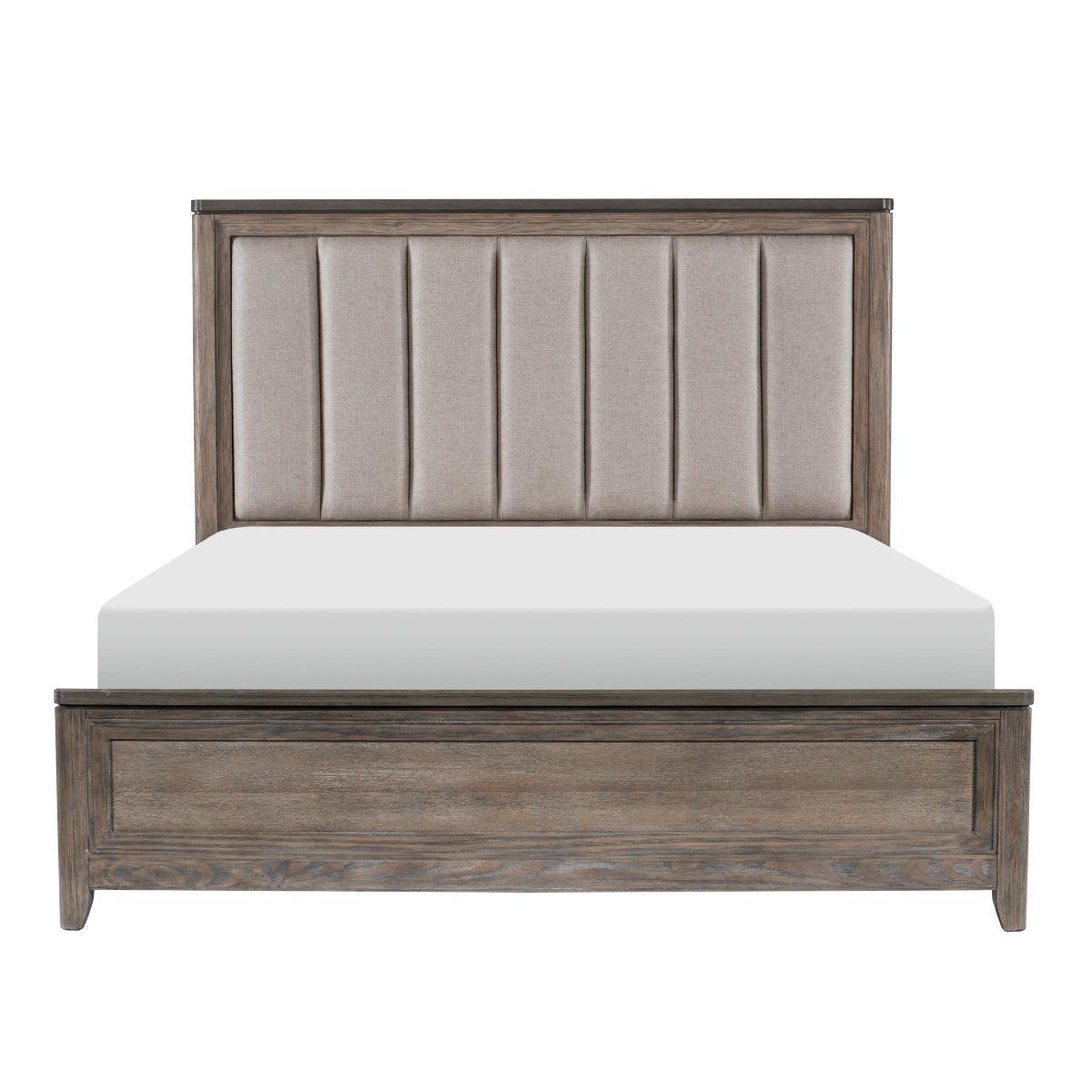 Newell Light Brown Rustic Transitional Oak Veneer Engineered Wood Fabric Upholstered King Bed - Ella Furniture
