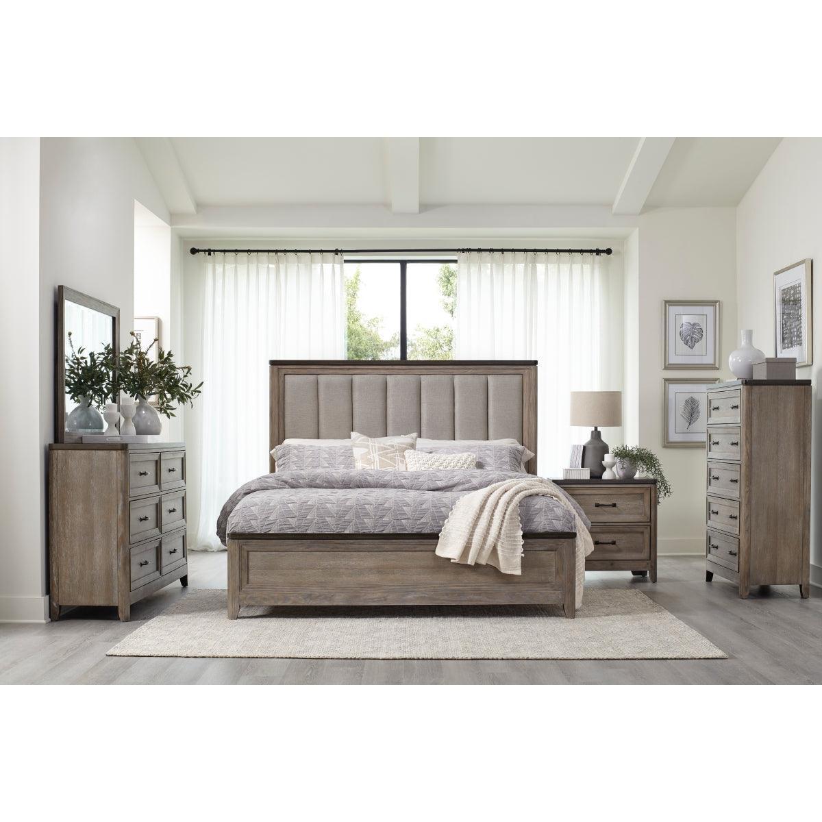 Newell Light Brown Rustic Transitional Oak Veneer Engineered Wood Fabric Upholstered King Bed - Ella Furniture