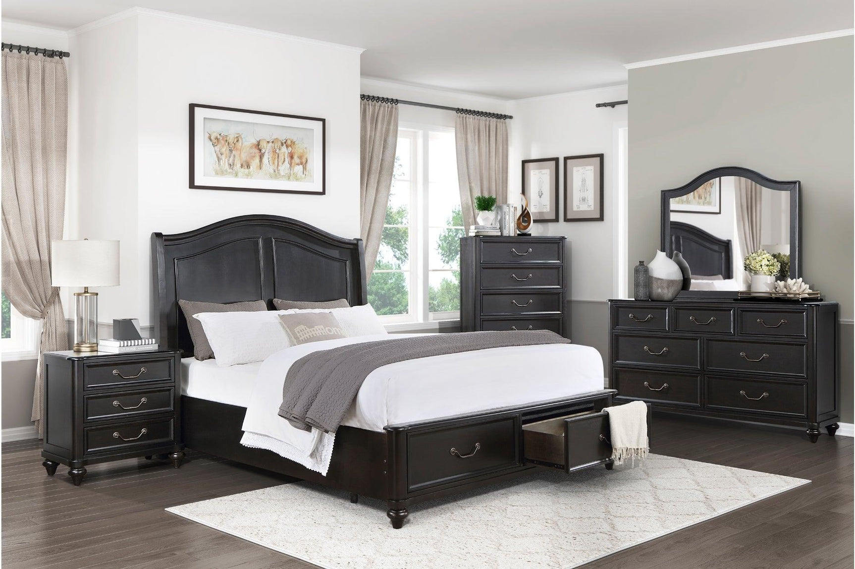 Herman Charcoal Brown Modern Contemporary Traditional Solid Wood Upholstered Bedroom Set - Ella Furniture