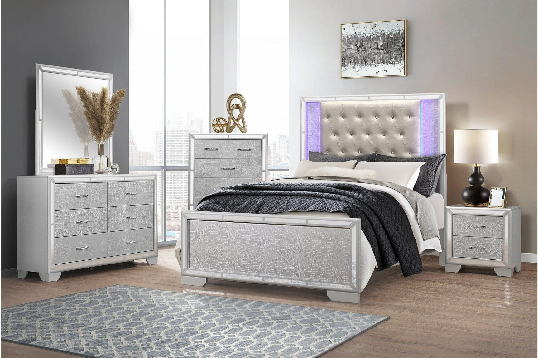 Aveline Silver Contemporary Solid Wood Faux Leather LED Upholstered Tufted Panel Bedroom Set - Ella Furniture