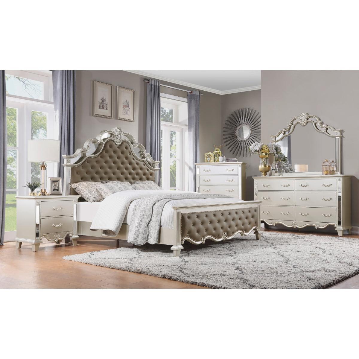 Ever Champagne Traditional Wood And Engineered Wood Faux Leather Upholstered Tufted Queen Panel Bed - Ella Furniture