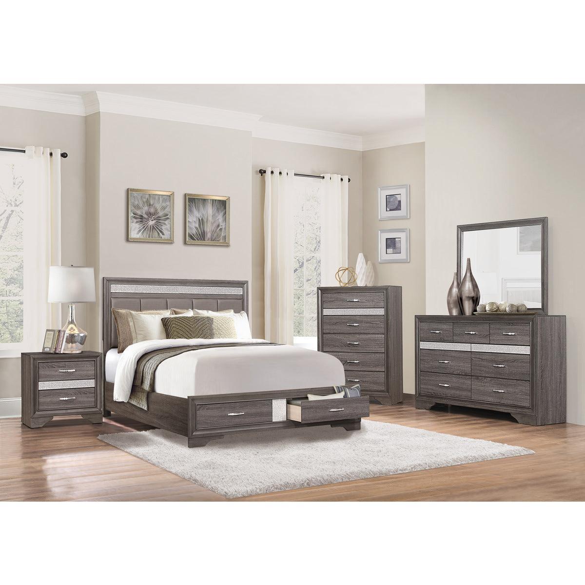 Luster Gray Faux-Wood Veneer, Wood And Engineered Wood Faux Leather Upholstered King Platform Bed - Ella Furniture