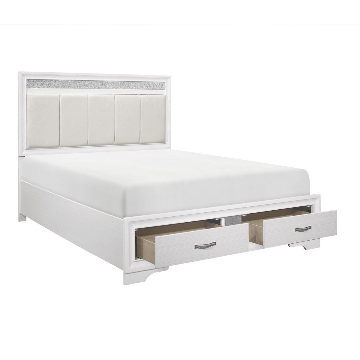 Luster White Contemporary Wood Faux Leather Upholstered Queen Platform Bed With Footboard Storage - Ella Furniture