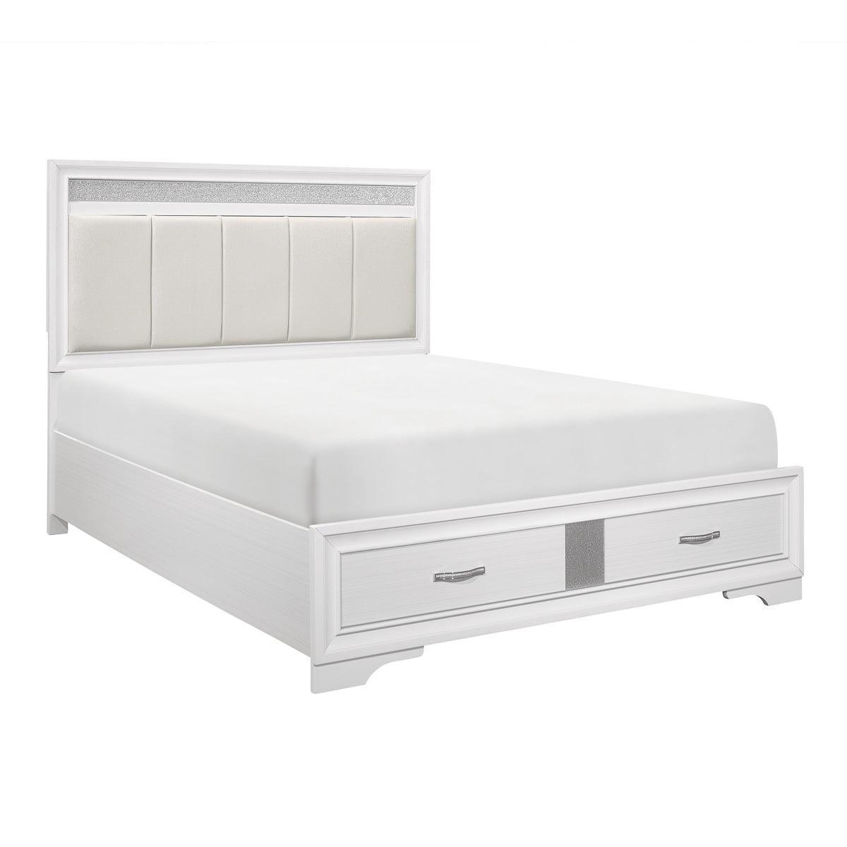 Luster White Contemporary Wood Faux Leather Upholstered Queen Platform Bed With Footboard Storage - Ella Furniture