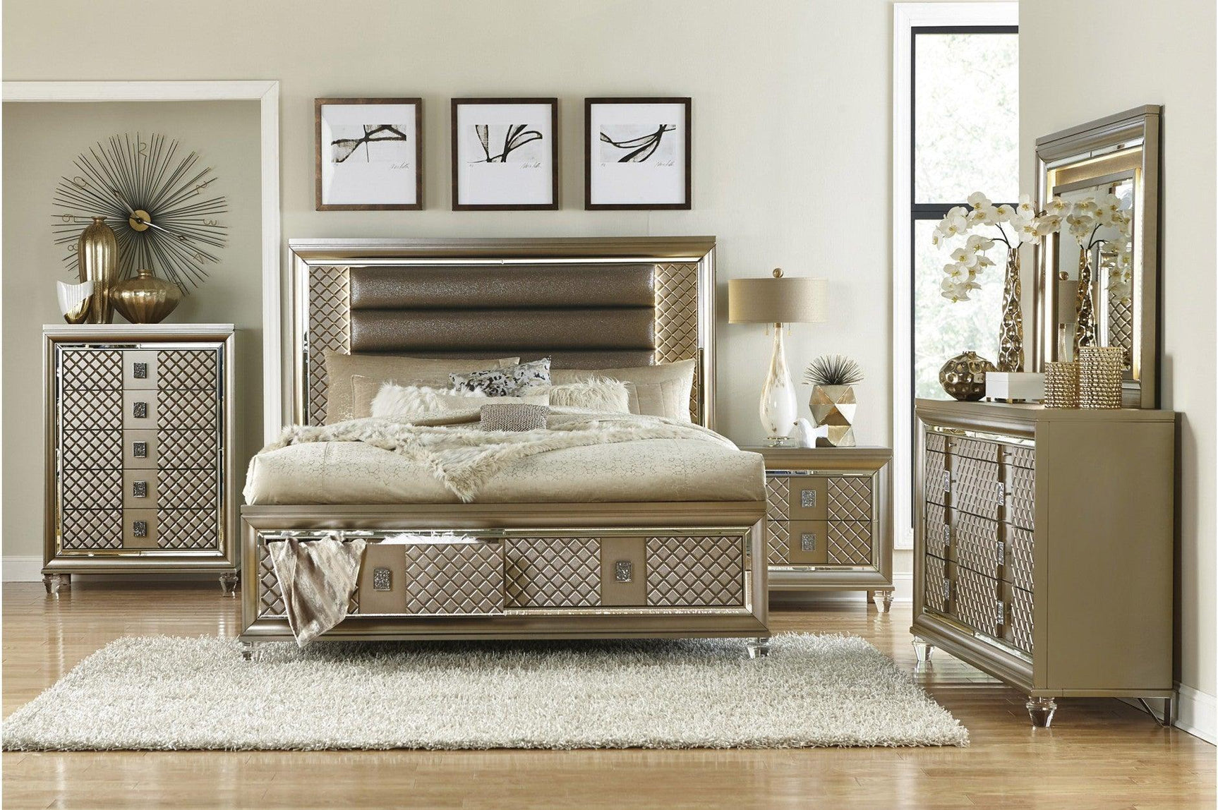 Loudon Champagne Metallic Finish Modern Contemporary Solid Wood Upholstered Bedroom Set - Ella Furniture