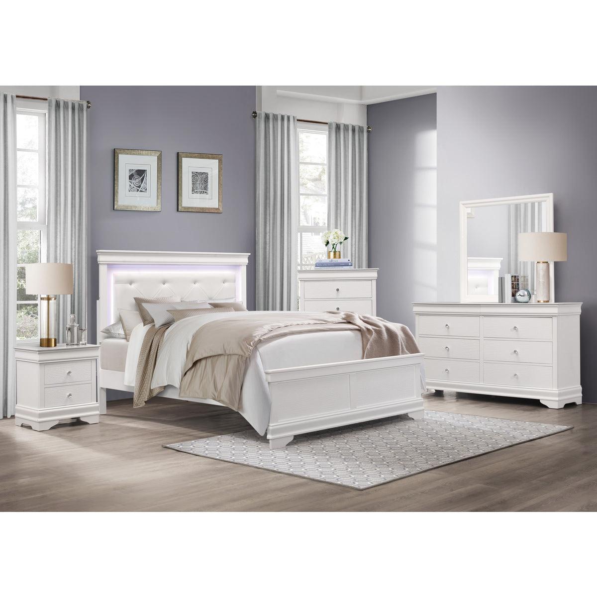 Lana White Finish Engineered Wood Faux Leather Upholstery Tufted Full Panel Bed With LED Lighting - Ella Furniture