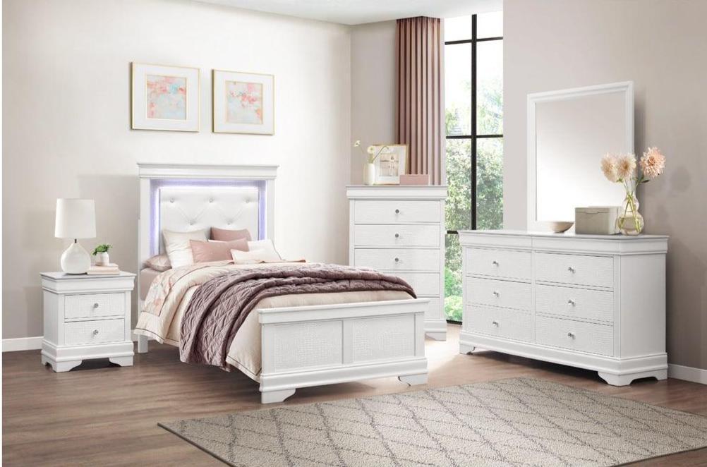 Lana White Contemporary Solid Wood Faux Leather Upholstered Tufted Youth LED Panel Bedroom Set - Ella Furniture