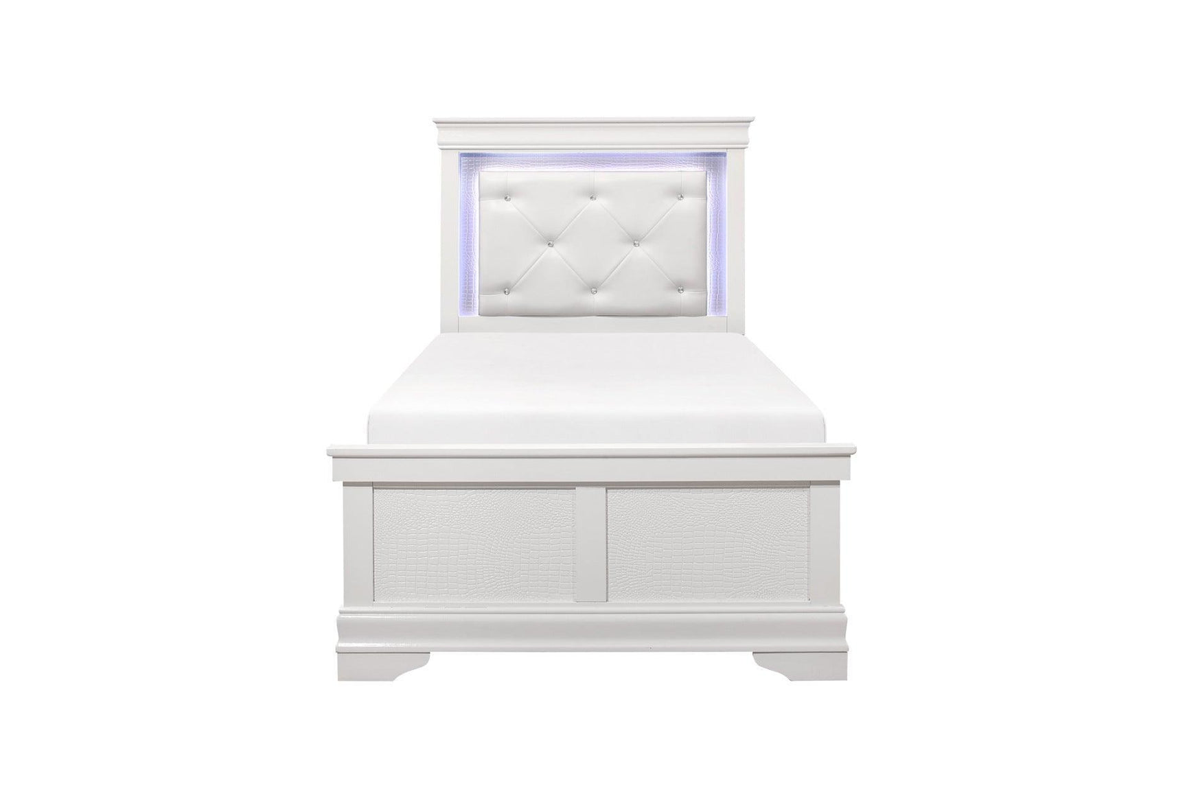 Lana White Contemporary Solid Wood Faux Leather Upholstered Tufted Youth LED Panel Bedroom Set - Ella Furniture