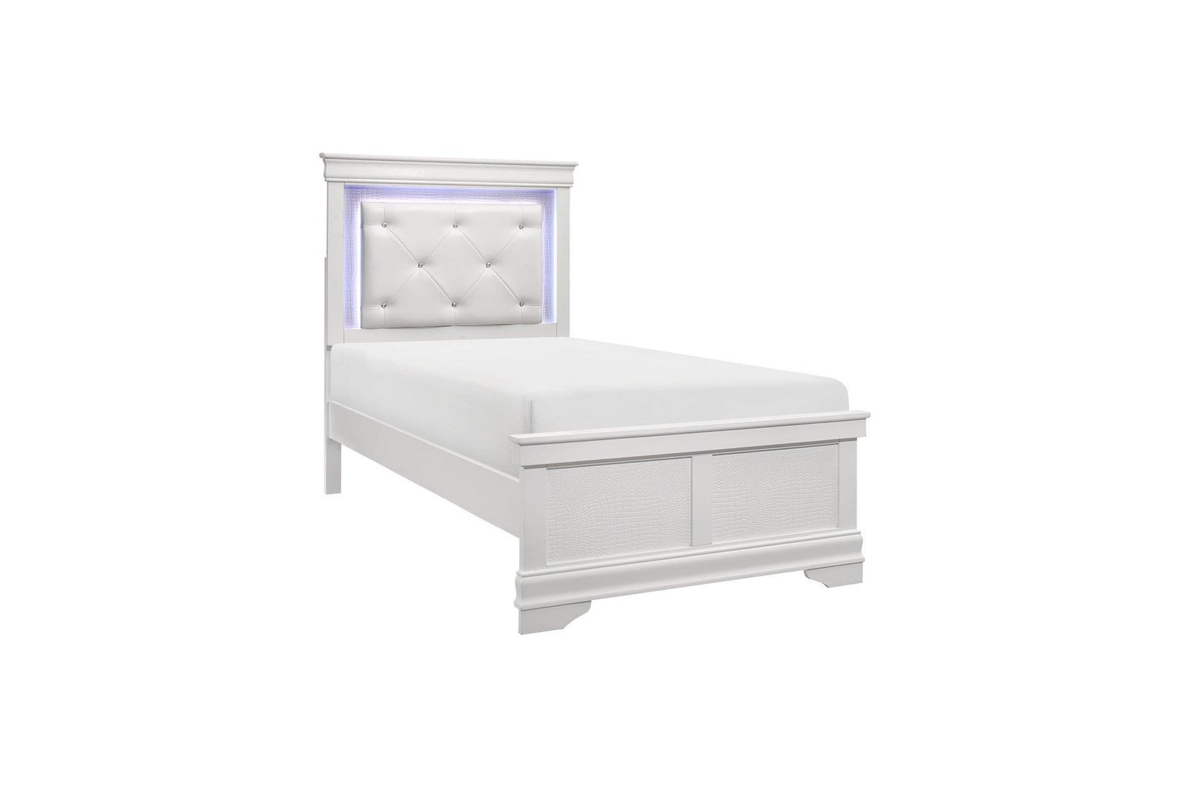 Lana White Contemporary Solid Wood Faux Leather Upholstered Tufted Youth LED Panel Bedroom Set - Ella Furniture