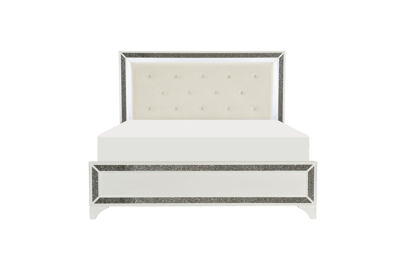 Salon White Modern Contemporary Solid Wood Faux Leather Upholstered Tufted LED Panel Bedroom Set - Ella Furniture