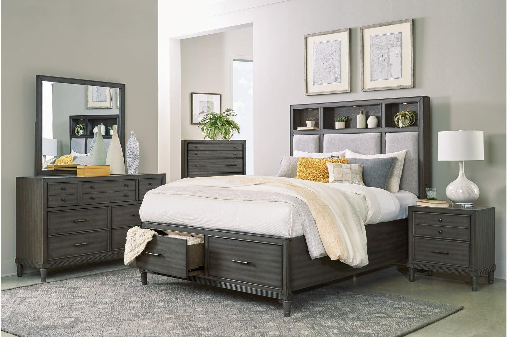 Wittenberry Gray Modern Contemporary Solid Wood Fabric Upholstered Storage Bedroom Set - Ella Furniture