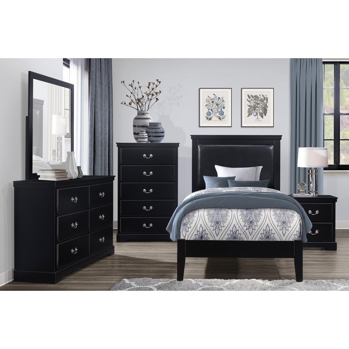 Seabright Black Finish Traditional Engineered Wood Faux Leather Upholstered Youth Twin Panel Bed - Ella Furniture