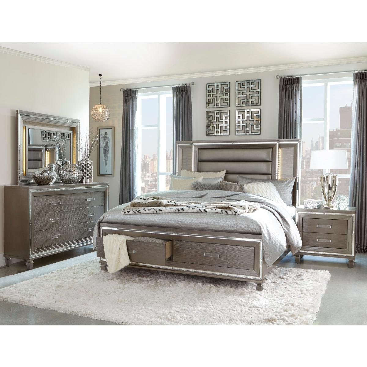 Tamsin Silver Gray Wood Faux Leather Upholstered Queen Platform Bed Storage, LED Lighting - Ella Furniture