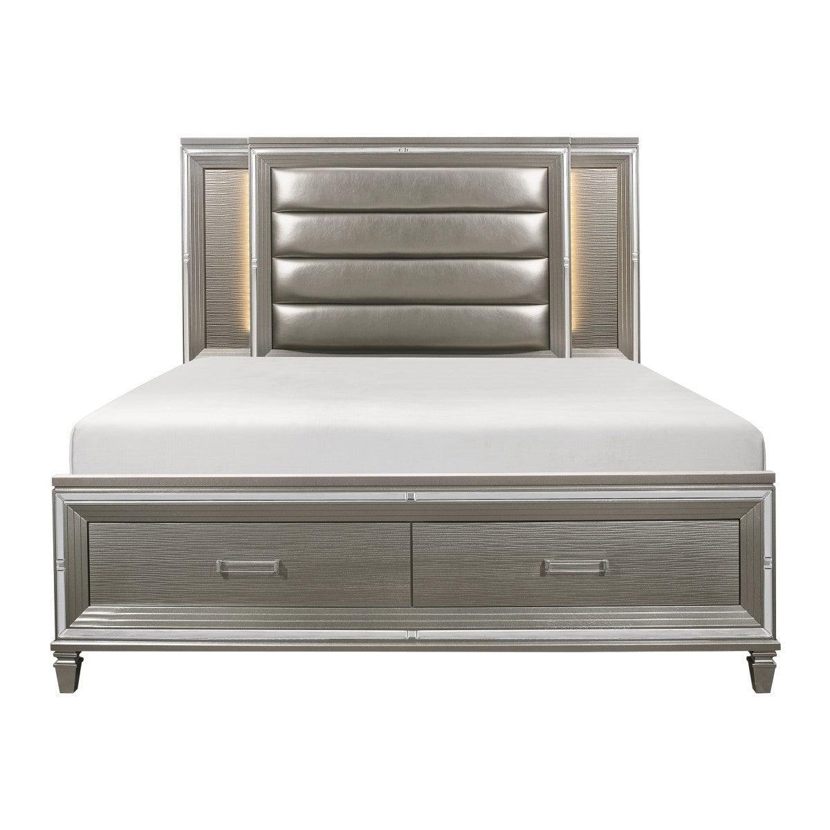 Tamsin Silver Gray Wood Faux Leather Upholstered Queen Platform Bed Storage, LED Lighting - Ella Furniture