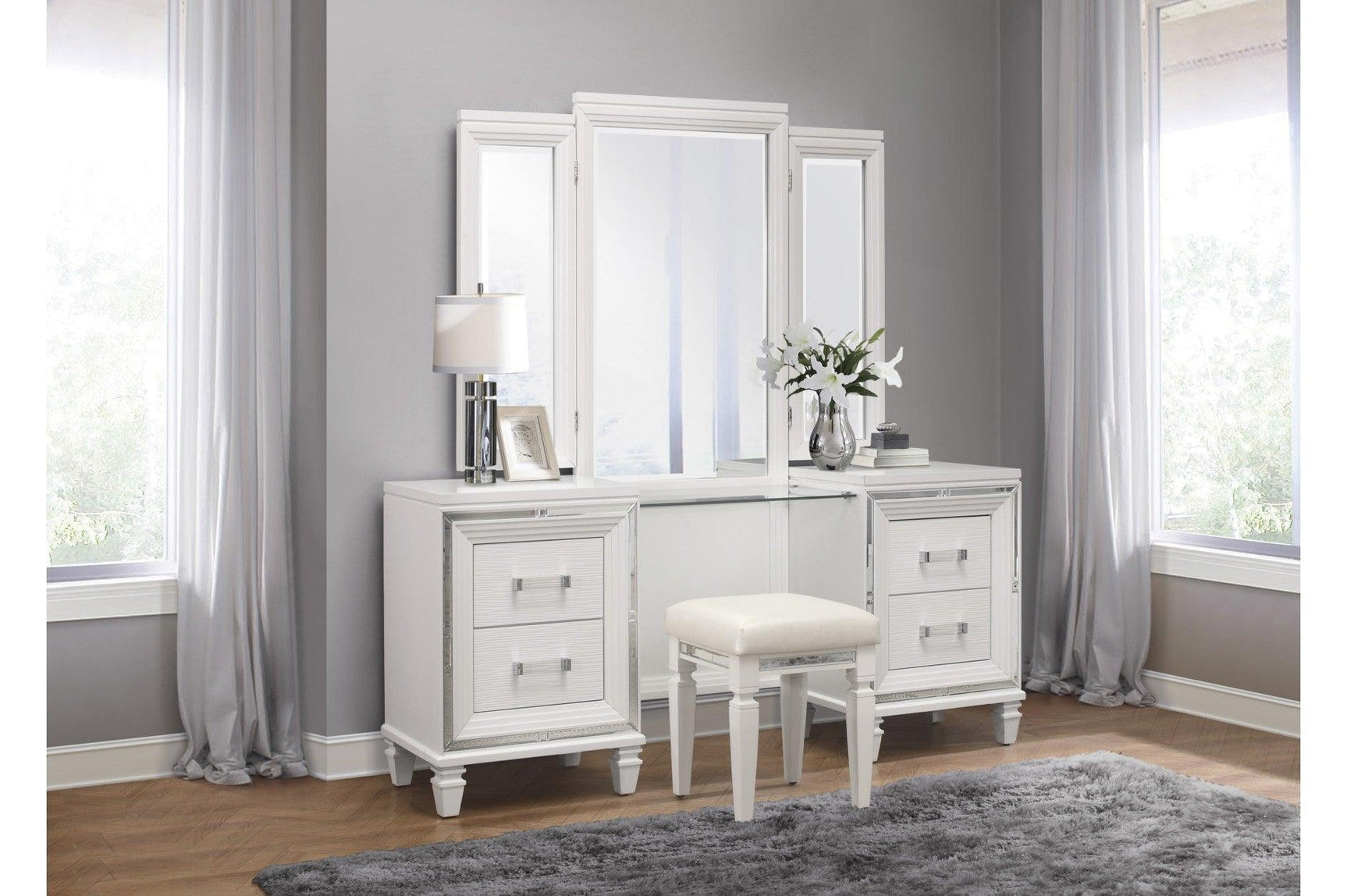 Tamsin White Contemporary Solid Wood Faux Leather Upholstered LED Storage Platform Bedroom Set - Ella Furniture