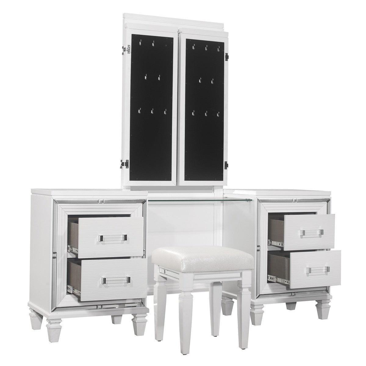 Tamsin White Metallic Contemporary Wood And Engineered Wood Vanity Dresser With Mirror - Ella Furniture