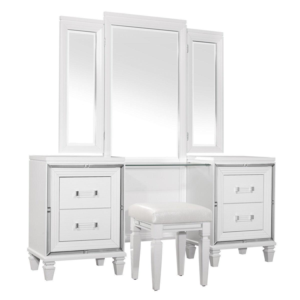 Tamsin White Metallic Contemporary Wood And Engineered Wood Vanity Dresser With Mirror - Ella Furniture