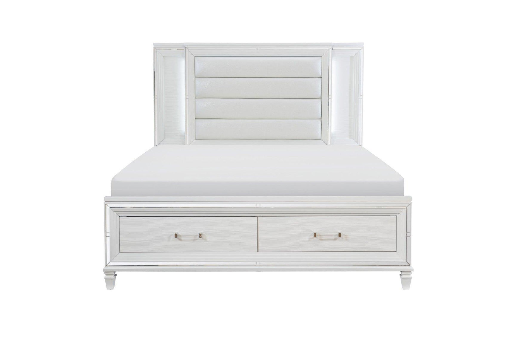 Tamsin White Contemporary Solid Wood Faux Leather Upholstered LED Storage Platform Bedroom Set - Ella Furniture