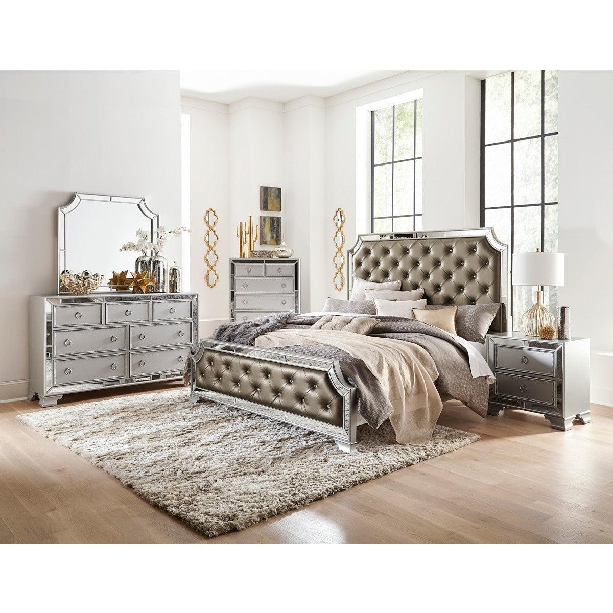 Avondale Silver Modern Wood Engineered Wood, Glass Faux Leather Upholstered Tufted King Panel Bed - Ella Furniture