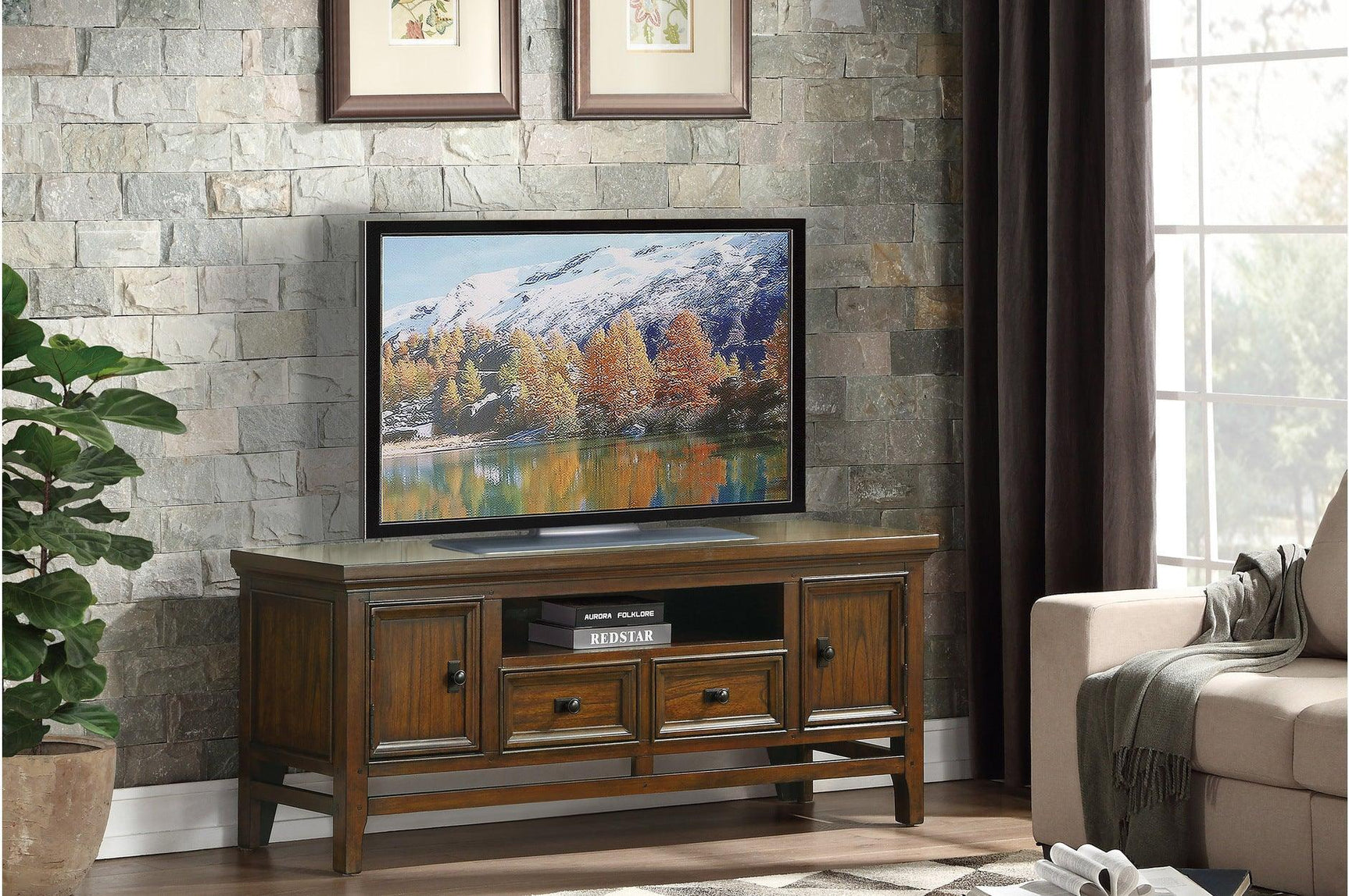 Frazier Park Brown Cherry Traditional Mindy Veneer Wood And Engineered Wood Storage Tv Stand - Ella Furniture