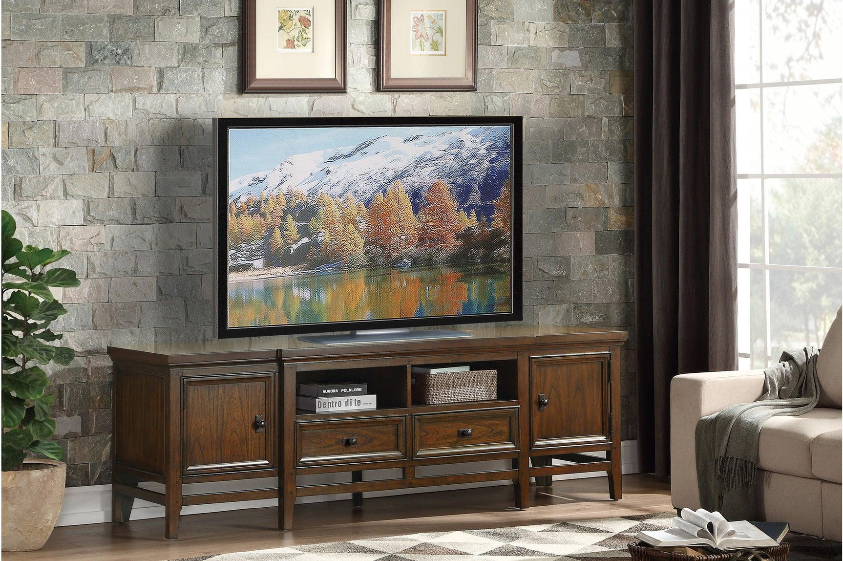 Frazier Park Brown Cherry Traditional Mindy Veneer Wood And Engineered Wood Grain Storage Tv Stand - Ella Furniture
