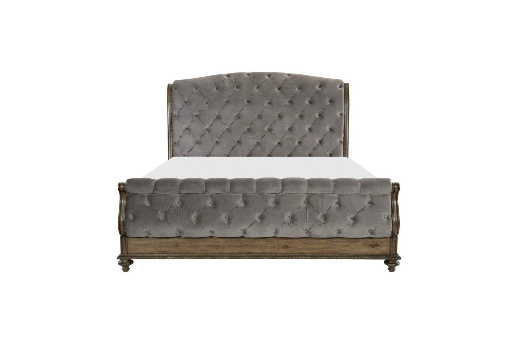 Rachelle Gray Modern Contemporary Solid Wood Velvet Upholstered Tufted Sleigh Bedroom Set - Ella Furniture