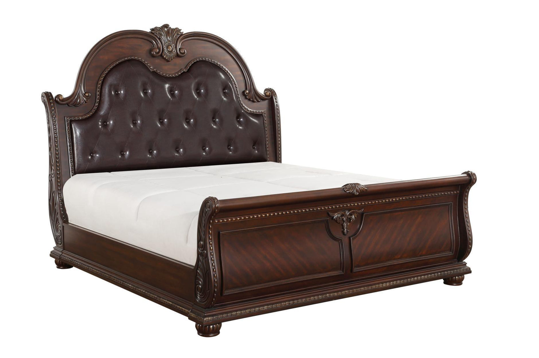 Cavalier Dark Cherry Contemporary Solid Wood Faux Leather Upholstered Tufted Sleigh Bedroom Set - Ella Furniture