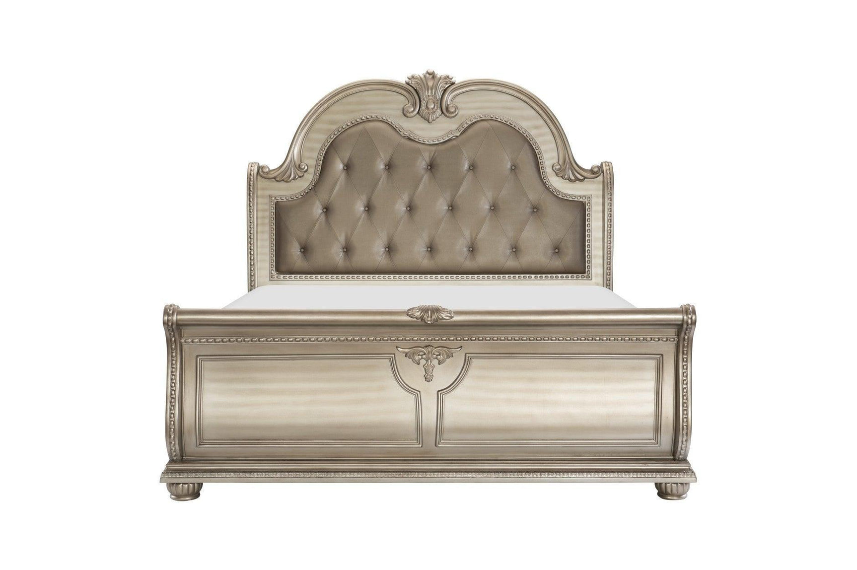 Cavalier Silver Modern Contemporary Solid Wood Faux Leather Upholstered Tufted Sleigh Bedroom Set - Ella Furniture