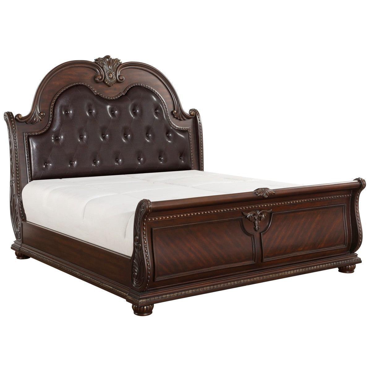 Cavalier Brown Modern Traditional Engineered Wood Faux Leather Upholstered Tufted Queen Sleigh Bed - Ella Furniture