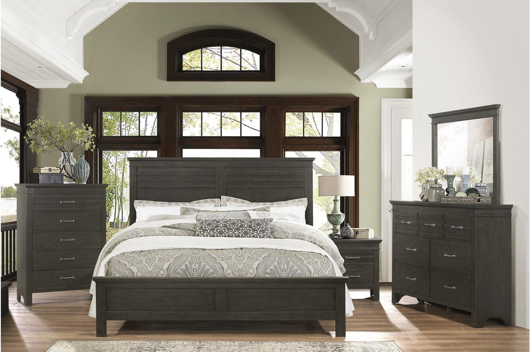 Blaire Farm Charcoal Gray Okume Veneer And Modern Solid Wood Panel Bedroom Set - Ella Furniture