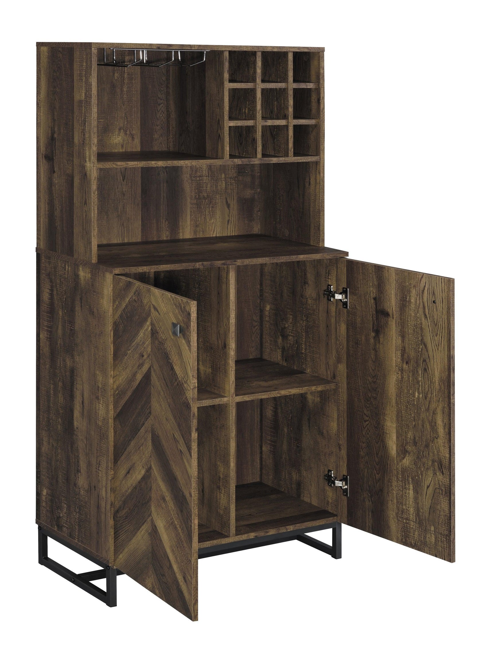 Mendoza 2-Door Wine Cabinet Rustic Oak Herringbone And Gunmetal - Ella Furniture