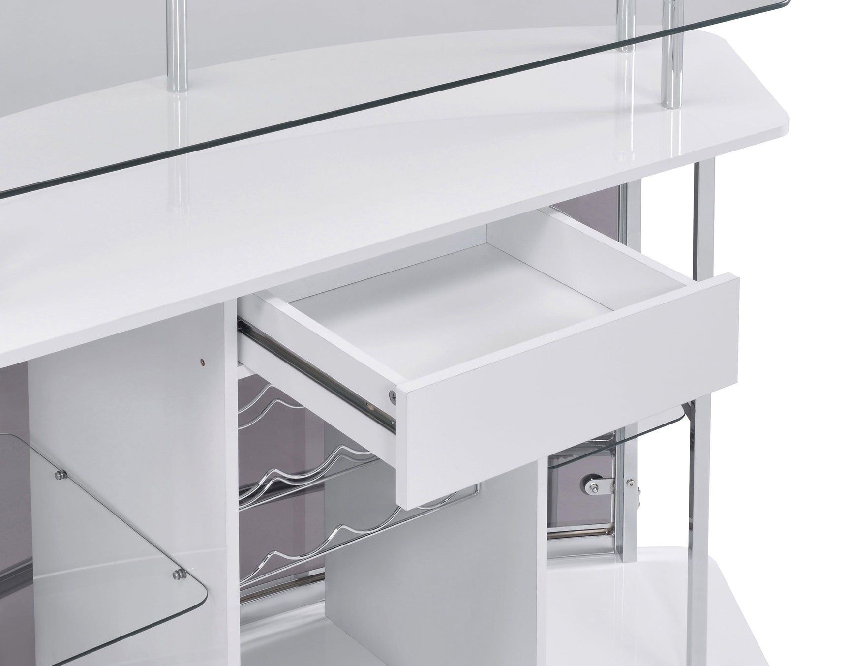 Gideon Crescent Shaped Glass Top Bar Unit With Drawer - Ella Furniture