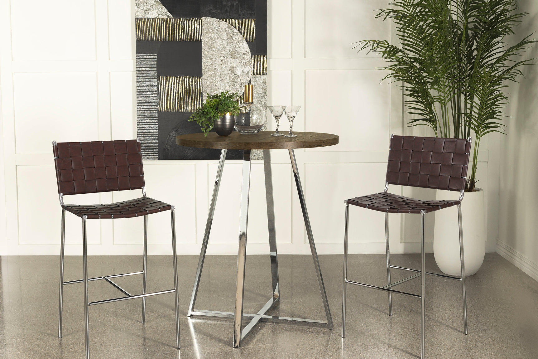 Burkhart Sled Base Round Bar Table Brown Oak And Chrome - Ella Furniture
