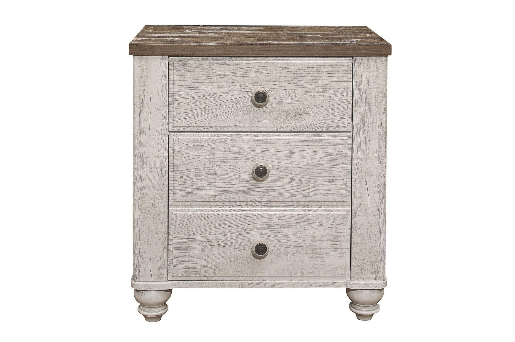 Nashville Two-tone Antique White/Brown Melamine Transitional Rustic Faux Wood Panel Bedroom Set - Ella Furniture