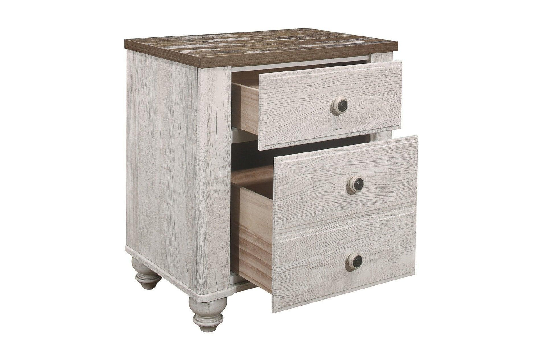 Nashville Two-tone Antique White/Brown Melamine Transitional Rustic Faux Wood Panel Bedroom Set - Ella Furniture