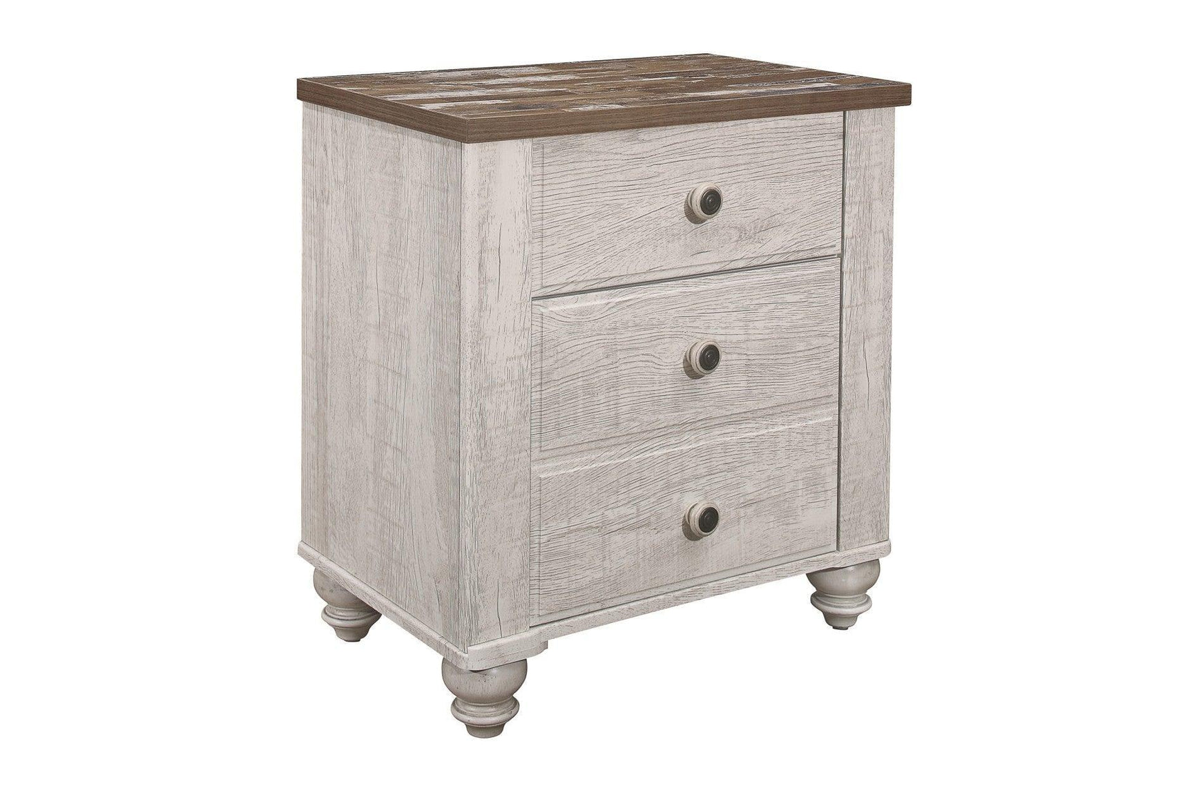 Nashville Two-tone Antique White/Brown Melamine Transitional Rustic Faux Wood Panel Bedroom Set - Ella Furniture