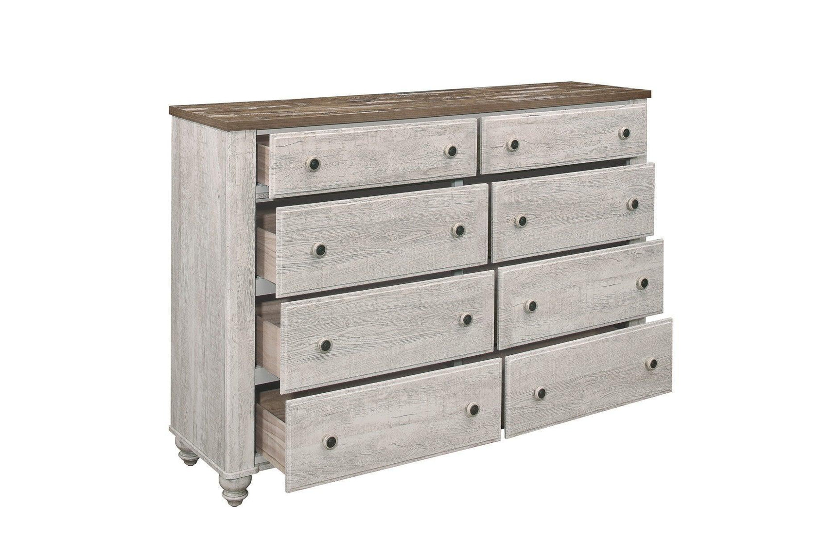 Nashville Two-tone Antique White/Brown Melamine Transitional Rustic Faux Wood Panel Bedroom Set - Ella Furniture