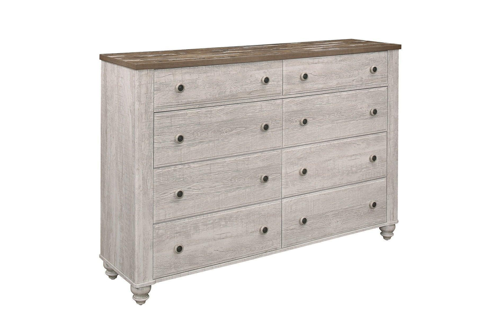 Nashville Two-tone Antique White/Brown Melamine Transitional Rustic Faux Wood Panel Bedroom Set - Ella Furniture