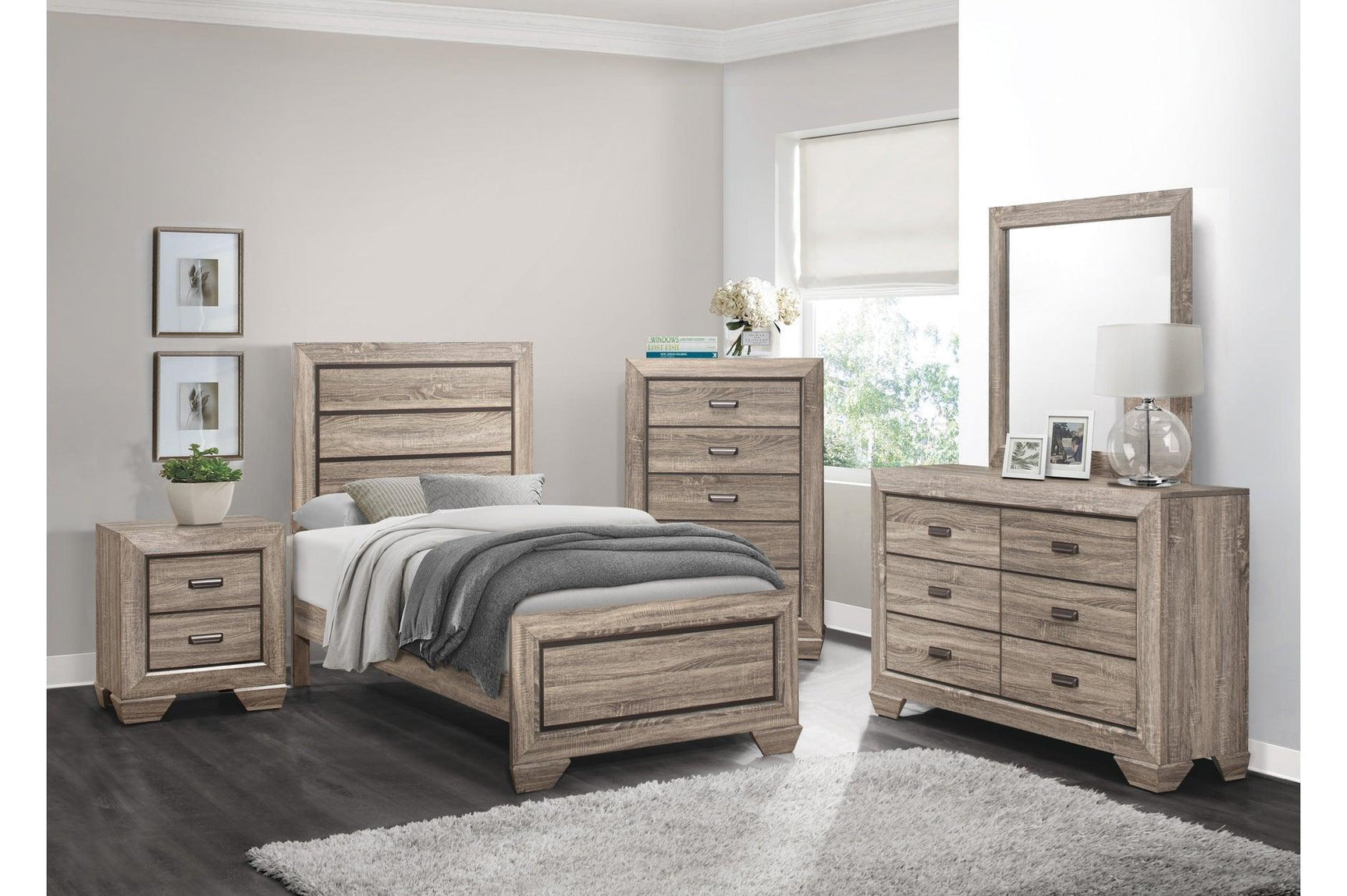 Beechnut Light Elm Contemporary Rustic Faux Wood Veneer Wood And Engineered Wood Panel Bedroom Set - Ella Furniture