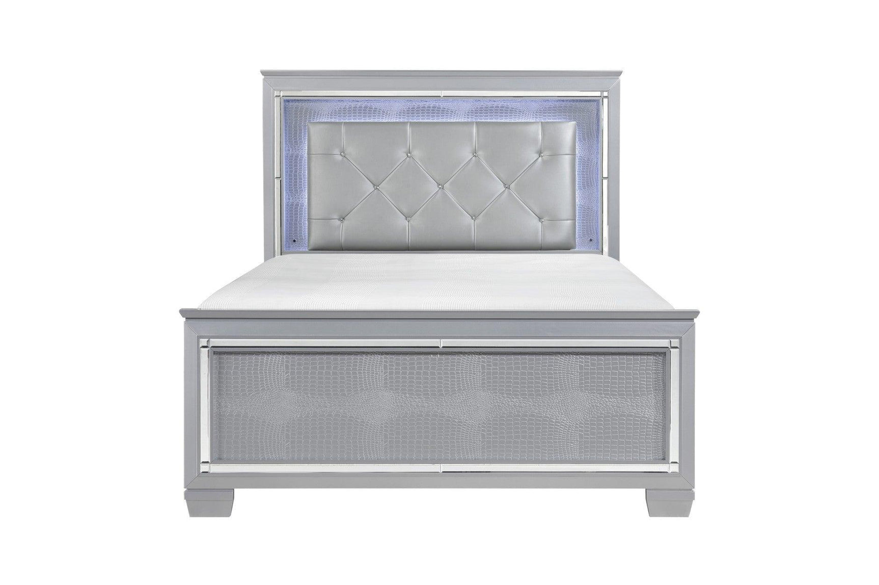 Allura Silver Contemporary Solid Wood Faux Leather Upholstered Tufted LED Panel Bedroom Set - Ella Furniture