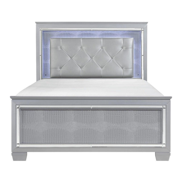 Allura Silver Contemporary Wood And Engineered Wood Faux Leather Upholstered Tufted King LED Bed - Ella Furniture