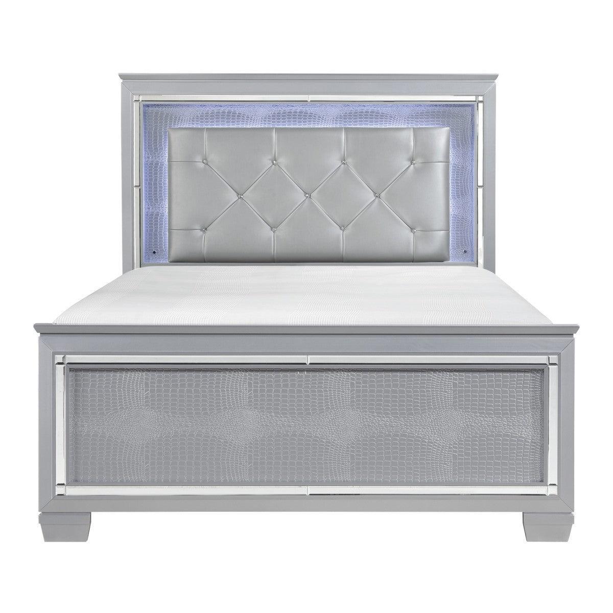 Allura Silver Faux Contemporary Wood Faux Leather Upholstered Tufted Queen Panel Bed, LED - Ella Furniture