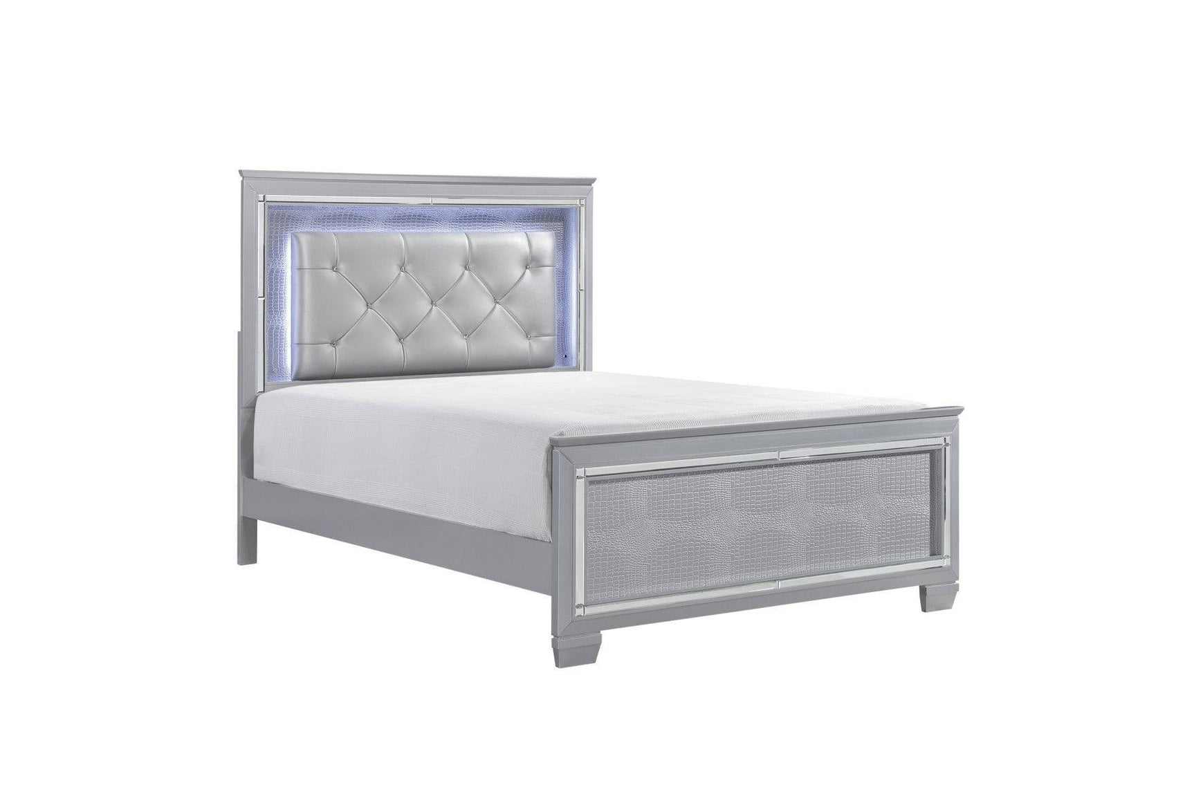 Allura Silver Contemporary Solid Wood Faux Leather Upholstered Tufted LED Panel Bedroom Set - Ella Furniture